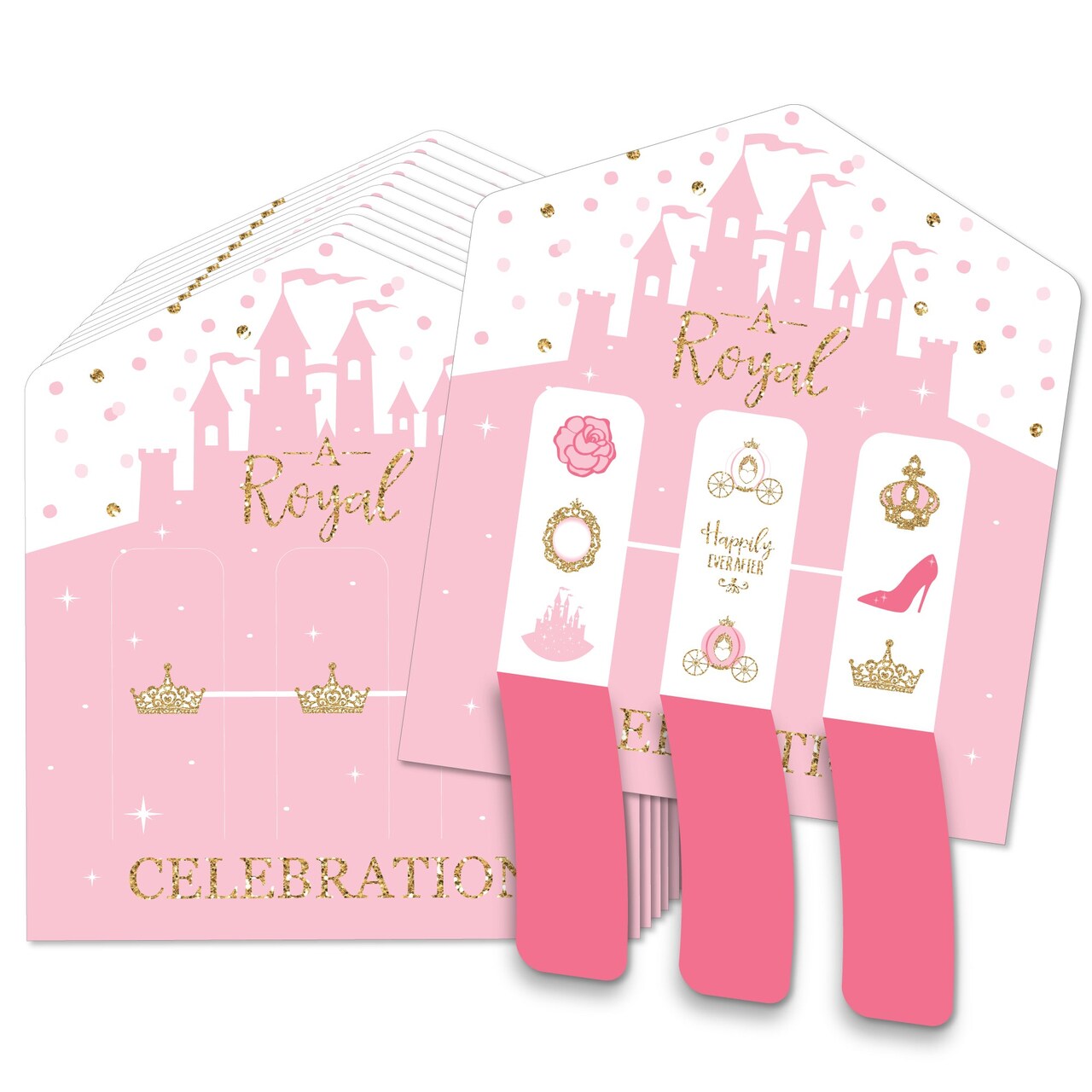 Big Dot of Happiness Little Princess Crown - Pink and Gold Princess Baby Shower or Birthday Party Game Pickle Cards - Pull Tabs 3-in-a-Row - Set of 12